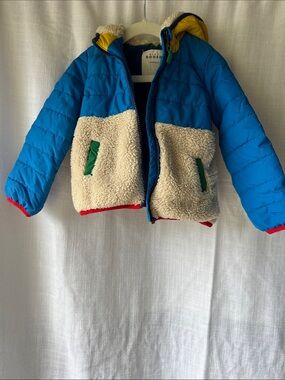 Mini Boden Blue Puffer Jacket with Cream Sherpa Panels and Colorful Trim 2-3Y